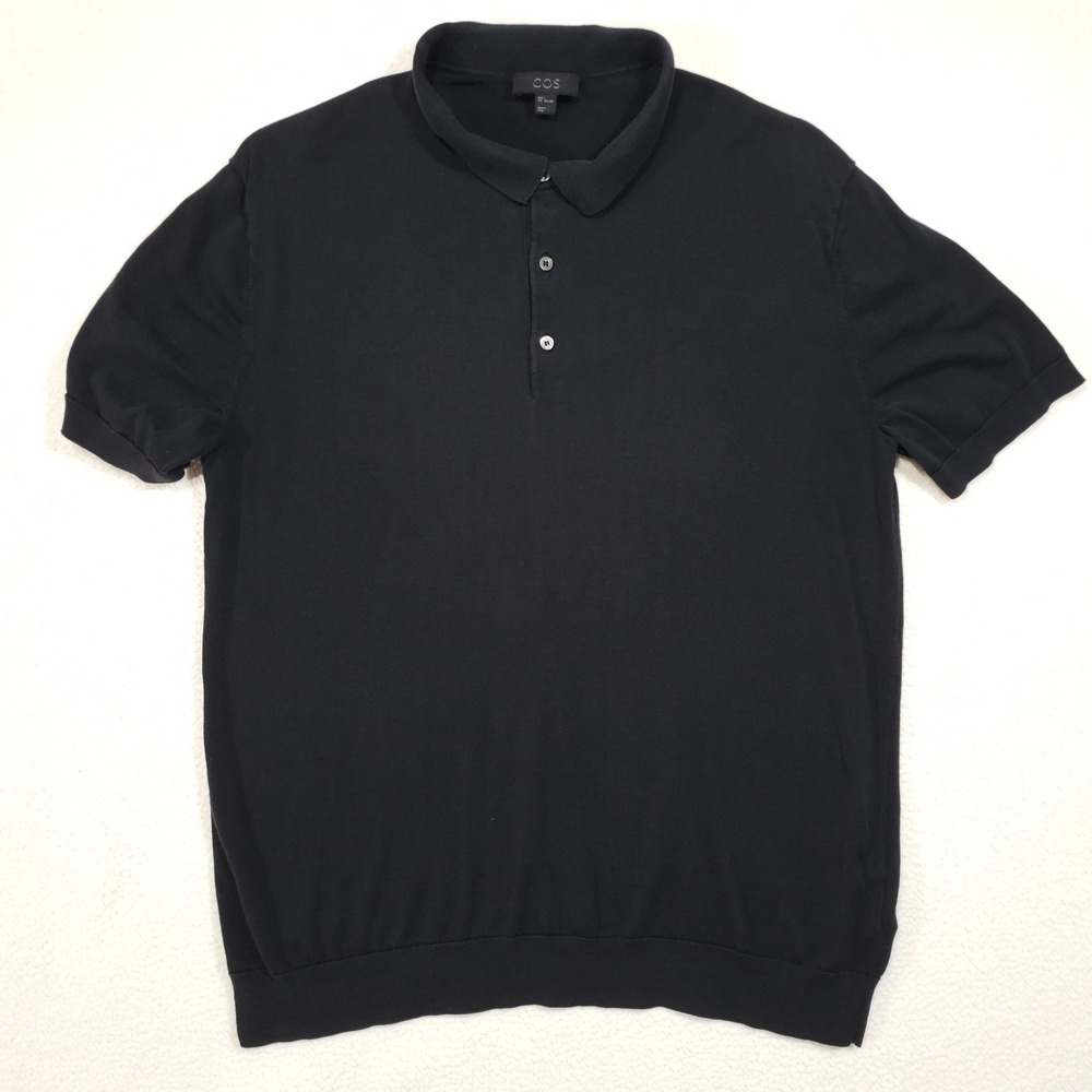 COS Knit Polo Shirt Mens Large Black Silk Cotton Short Sleeve Ribbed Hem
